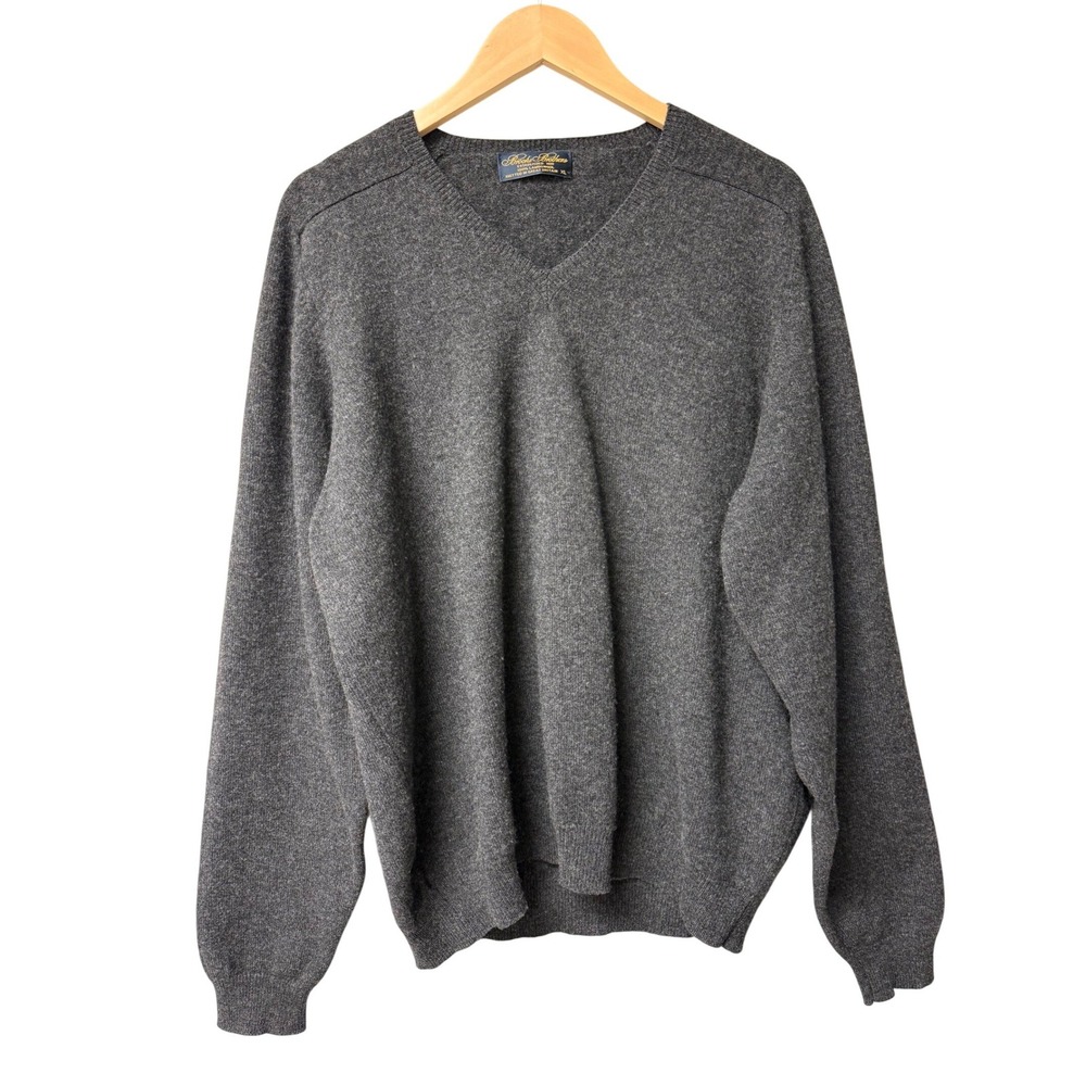 Brooks Brothers Mens V Neck Sweater XL 100 Lambswool Knit Great Britain Charcoal